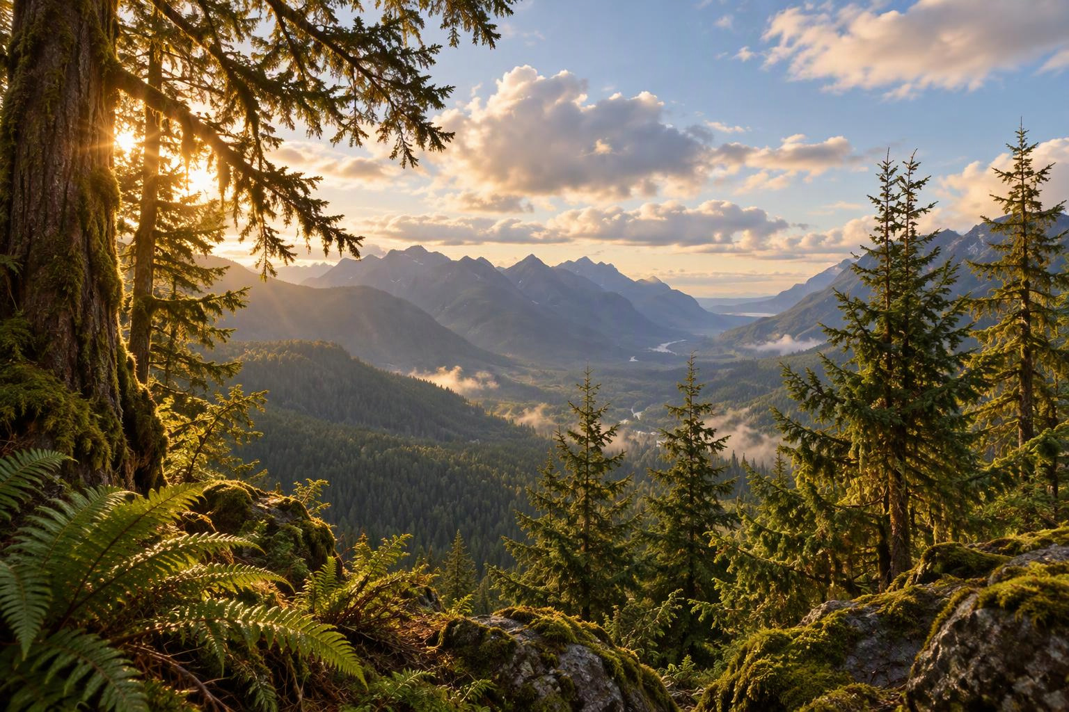 Sunlight through evergreen trees above a mountain valley